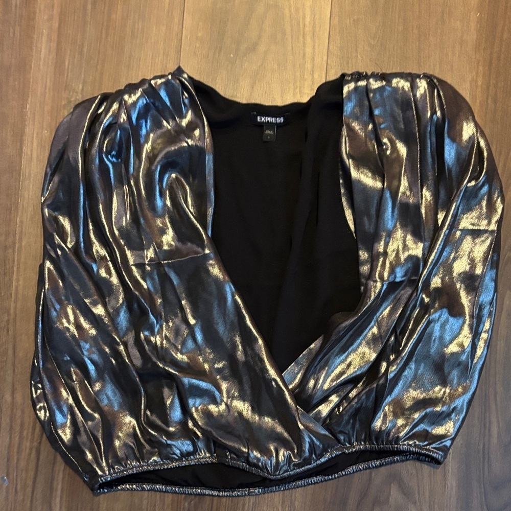 Express Shiny Black Draped Blouse - Picture 2 of 7